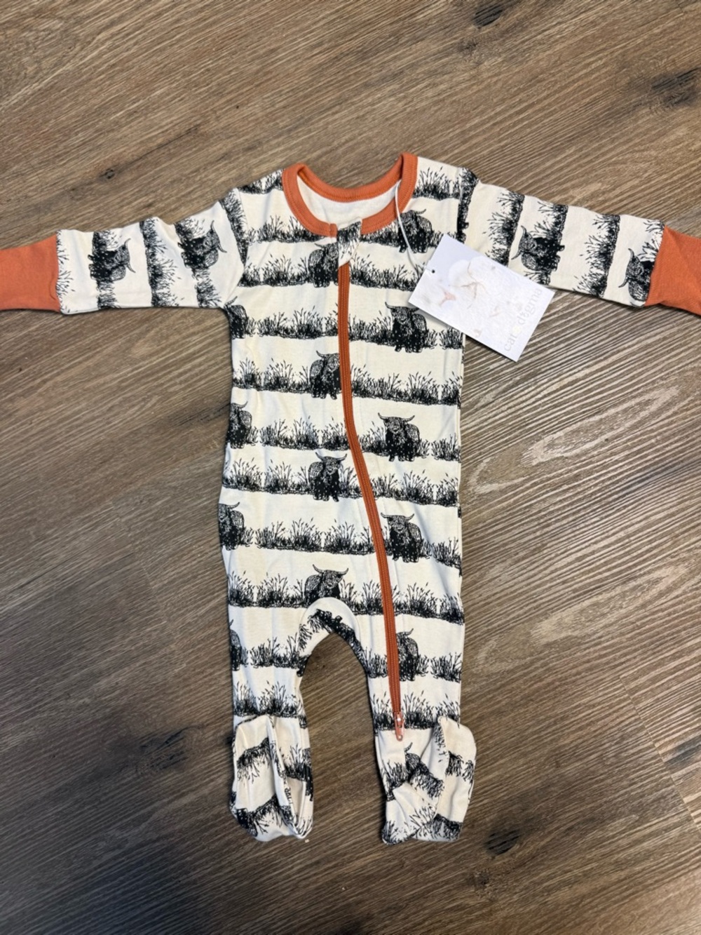 Organic Cotton Cream & Black Fox Print Footed One-Piece with Rust Trim